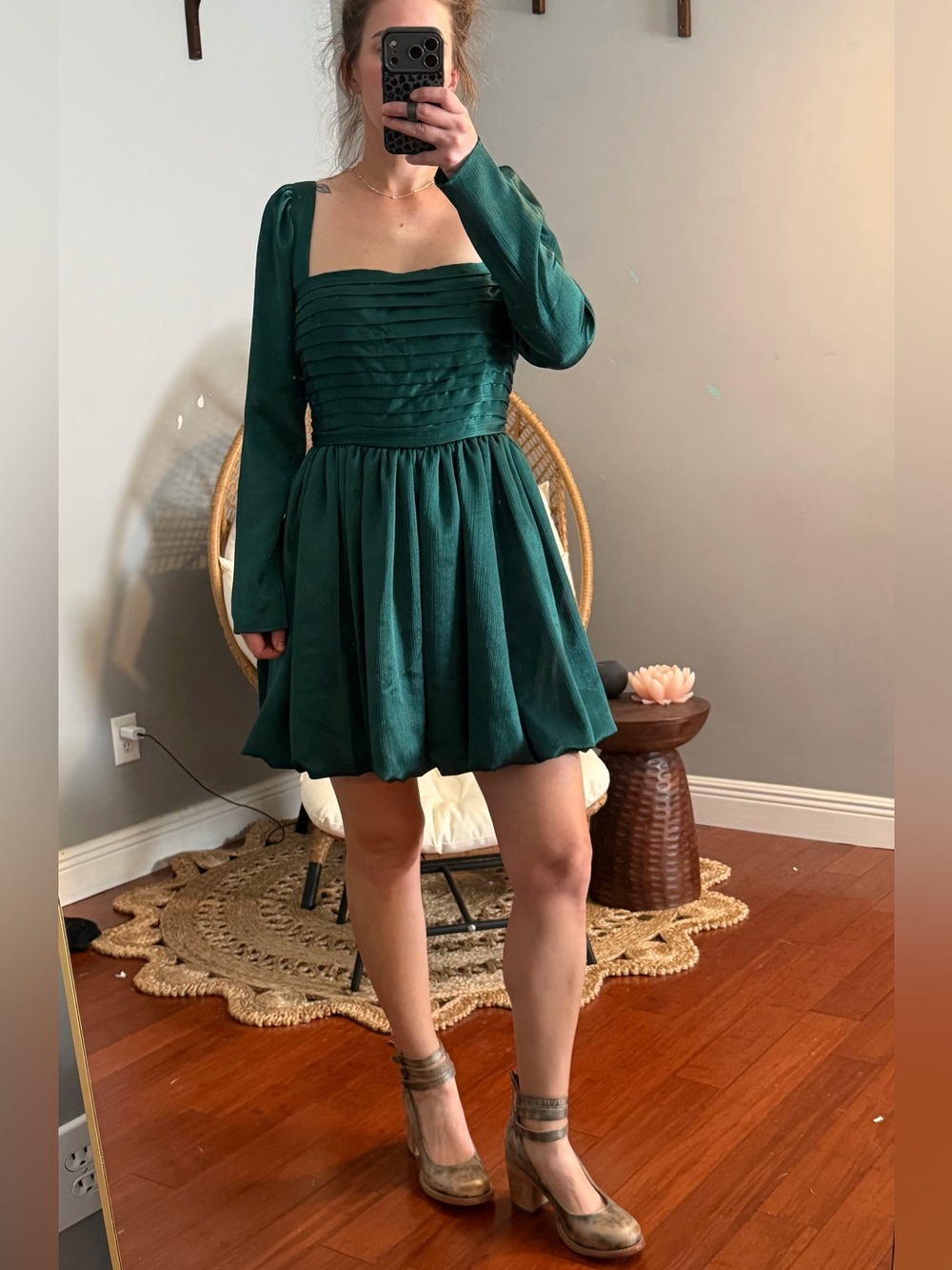 Abercrombie & Fitch Emerald Green Square-Neck Pleated Mini Dress